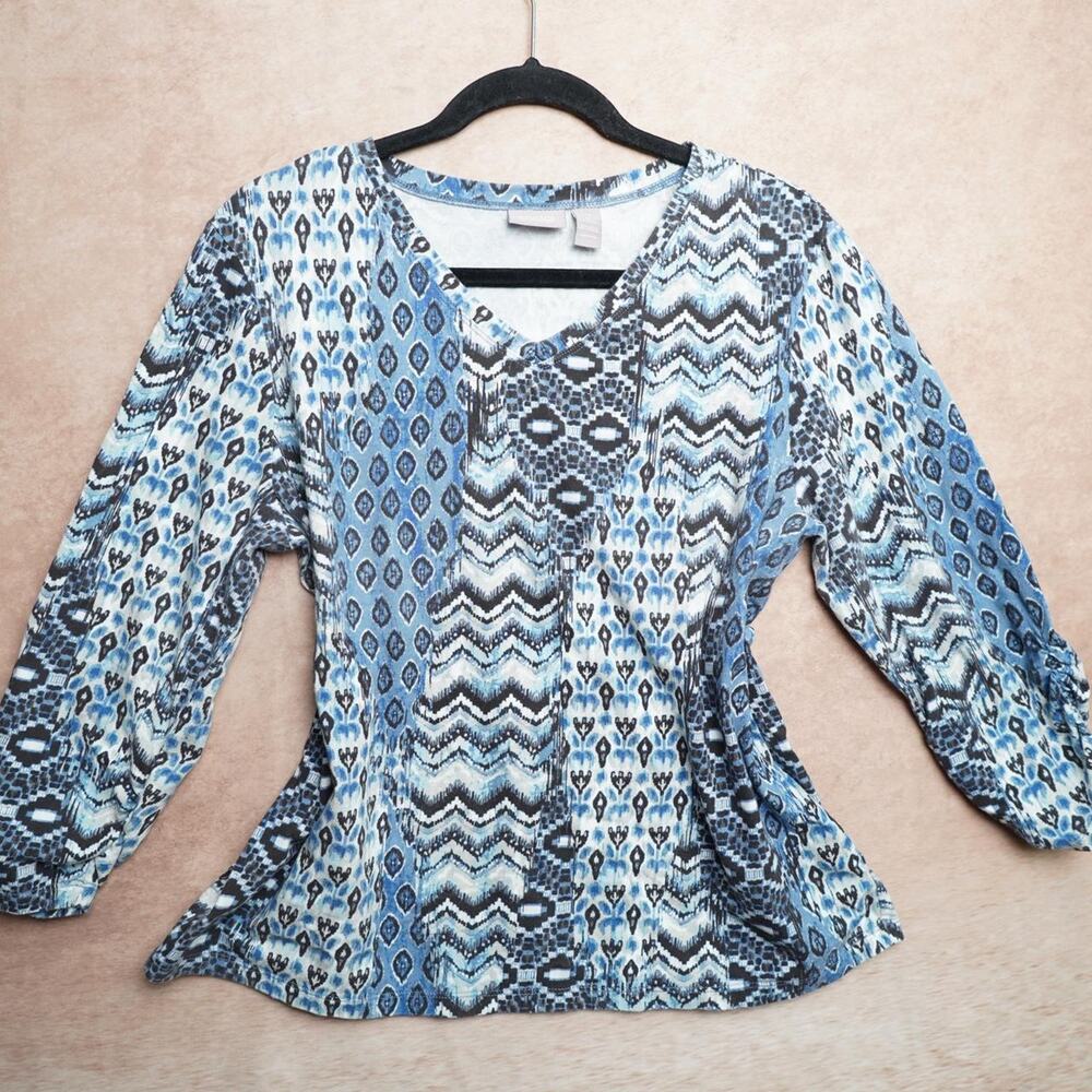 Chicos Blue Ikat Boho Tunic Top Size 2